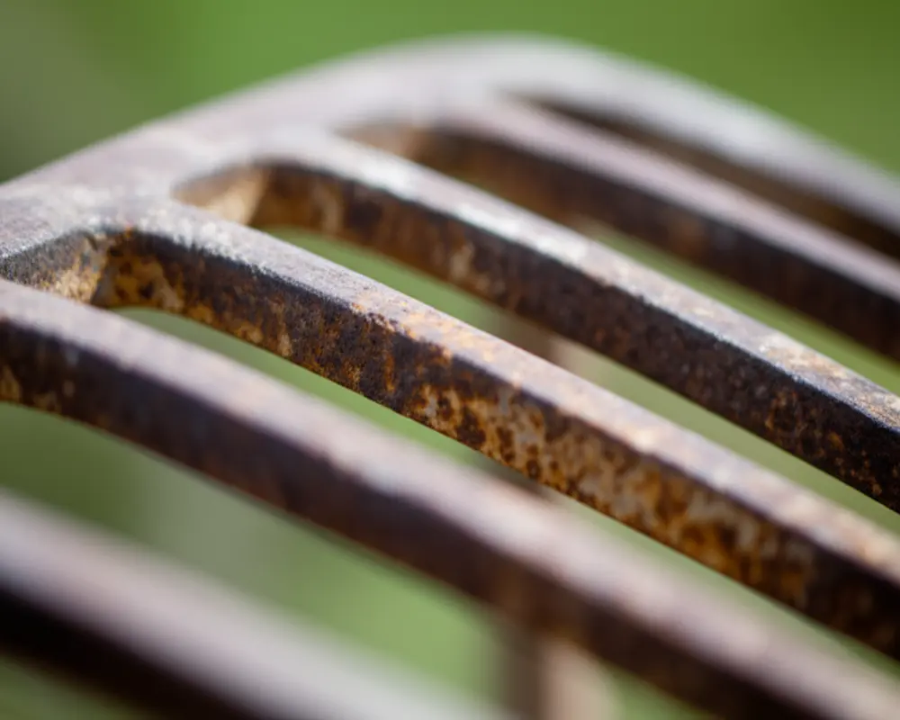 Close-up of rusted garden fork tines before rust removal