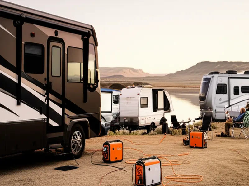 RV parked in a scenic off-grid location with a generator running quietly RV parked in a scenic off-grid location with a generator running quietly