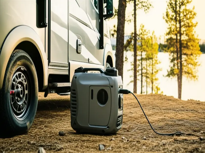 RV emergency generators are essential for off-grid adventures. RV parked in a scenic location with a generator running