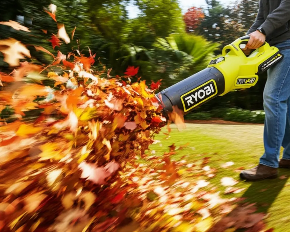 Ryobi 40V HP Brushless Jet Fan Leaf Blower in action