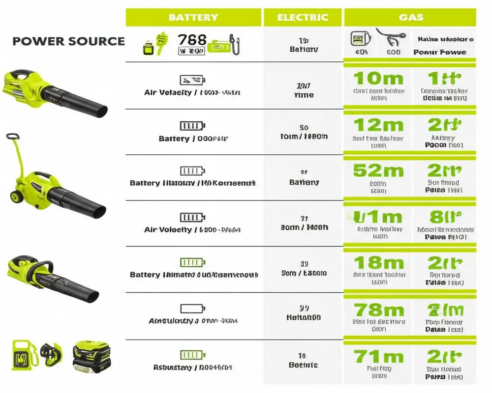 Comparison chart of Ryobi leaf blower models by power source and performance