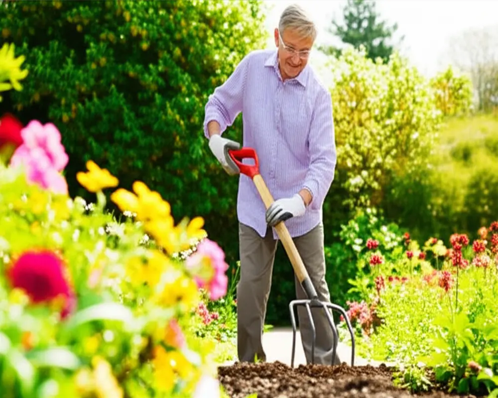 Senior gardener practicing safe gardening techniques with garden fork