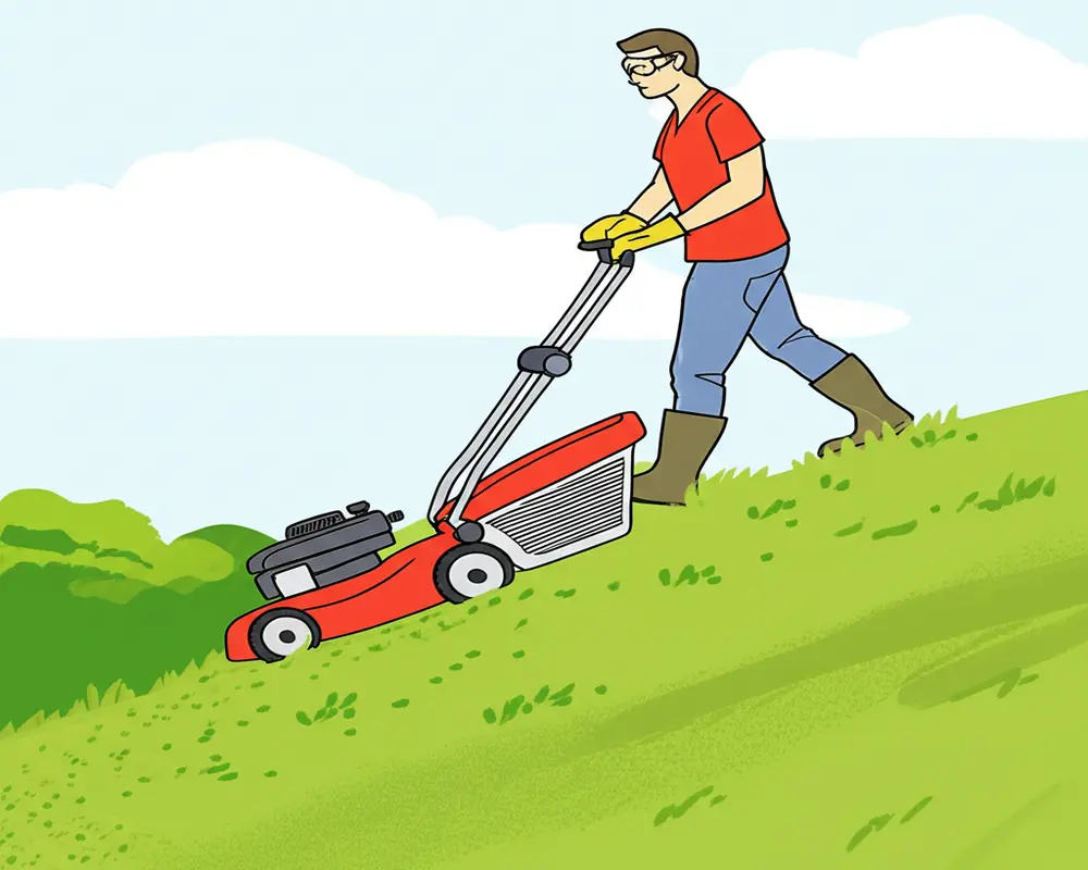 Illustration of safety tips for mowing on steep slopes