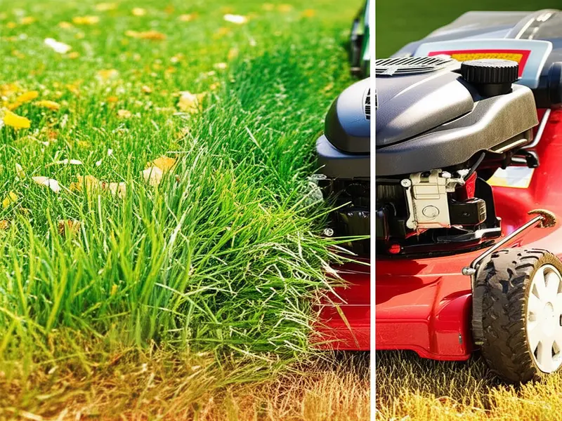 A close-up of a lawn mower's wheel and height adjustment lever set to a medium spring setting, with lush green grass in the background.
