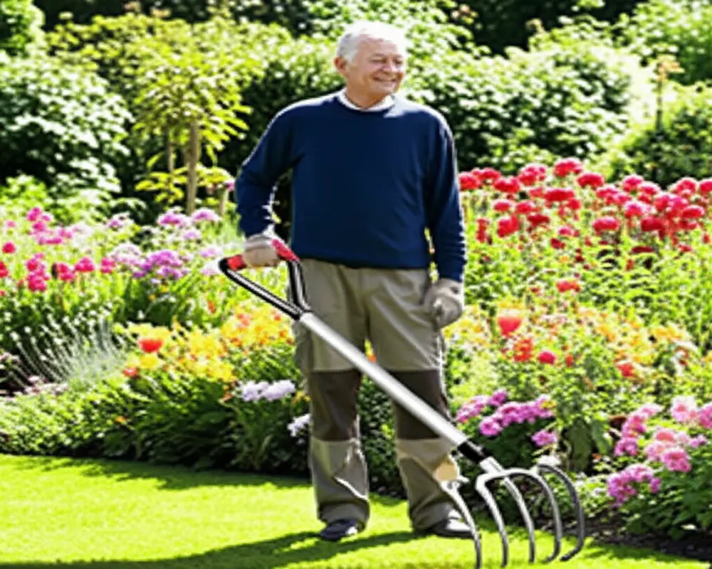 Senior gardener using an ergonomic garden fork to ease back strain