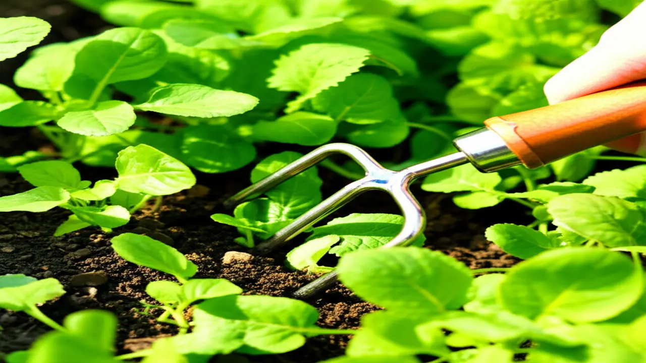 Small garden fork in use for precise weeding among plants