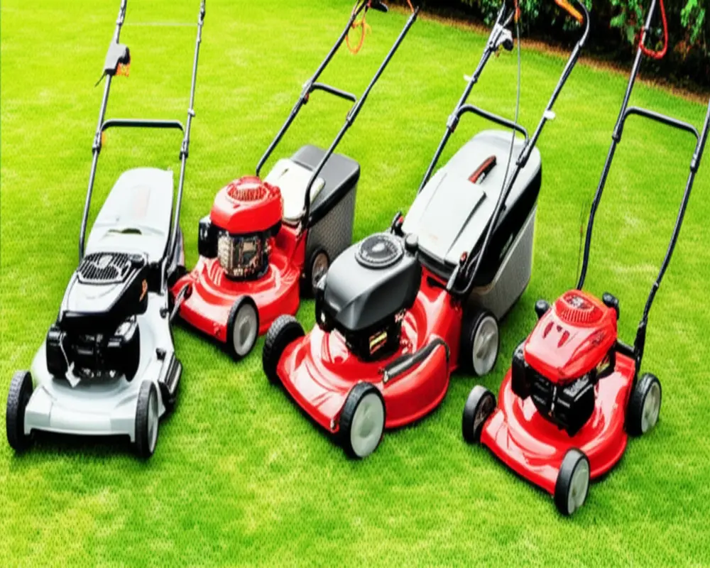 Various types of small yard lawn mowers on grass