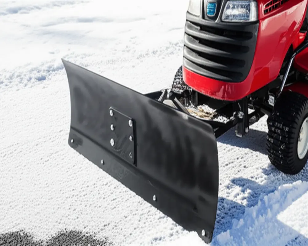 Snow plow attachment mounted on a riding lawn mower for seasonal use