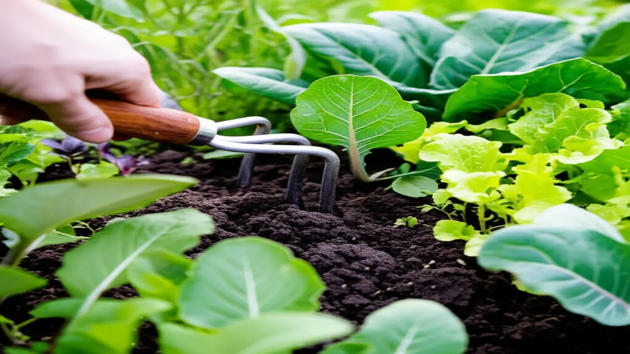 Gentle soil aeration using a hand cultivator in a dense companion planting garden