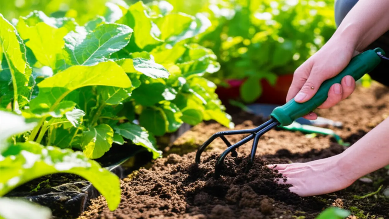 Application of soil amendments with a hand cultivator Applying soil amendments using a hand cultivator for healthy garden soil