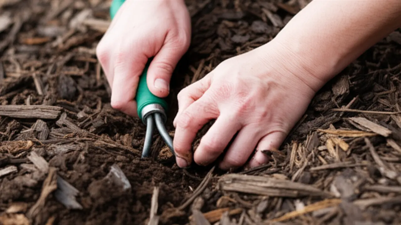 Close-up of soil aeration being done under mulch with hand cultivator