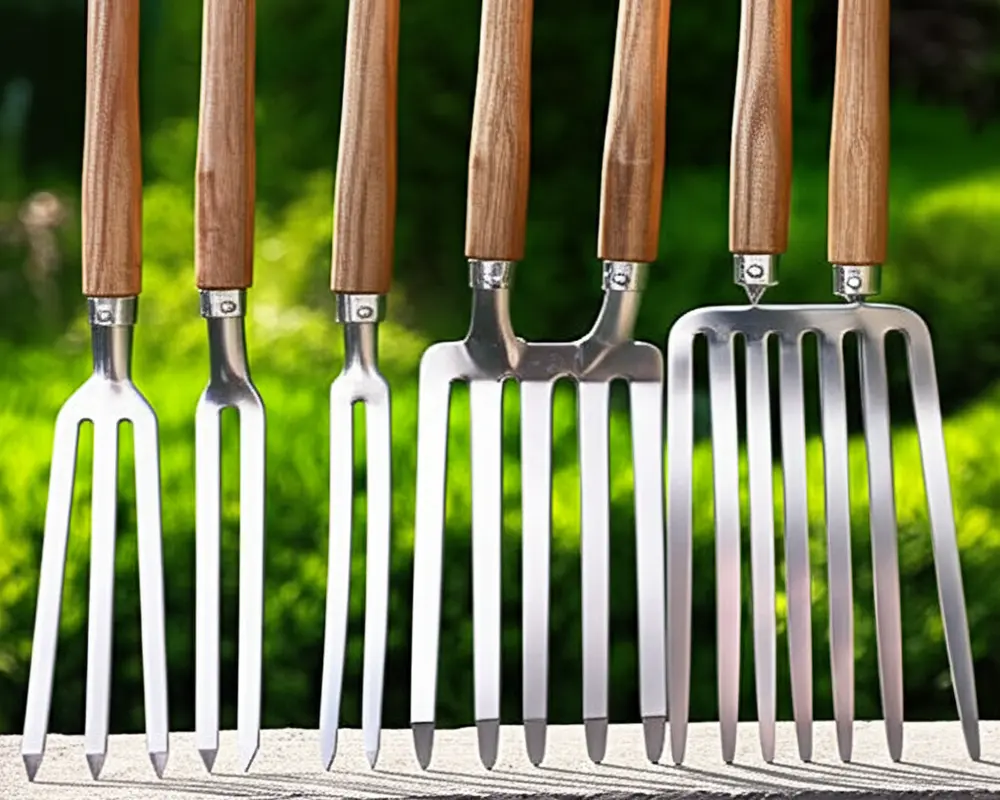 Various specialty garden forks showing different tine counts