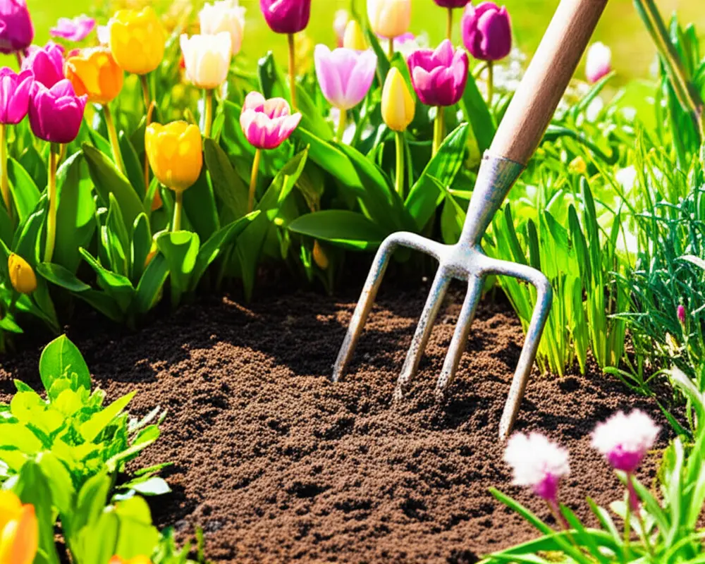 Garden fork aerating soil in spring garden Garden fork aerating soil in spring garden