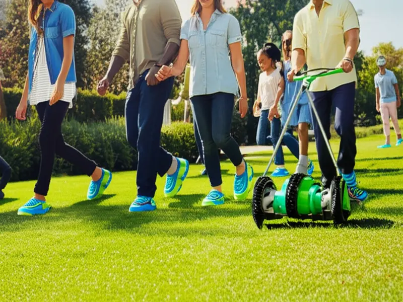 Lawn aerator shoes in action Person walking in lawn aerator shoes on a green lawn