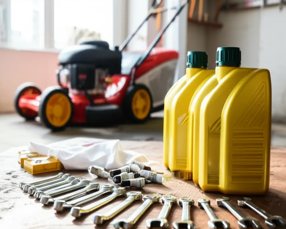 Essential tools for spring lawn mower preparation including wrenches, oil, and spark plugs