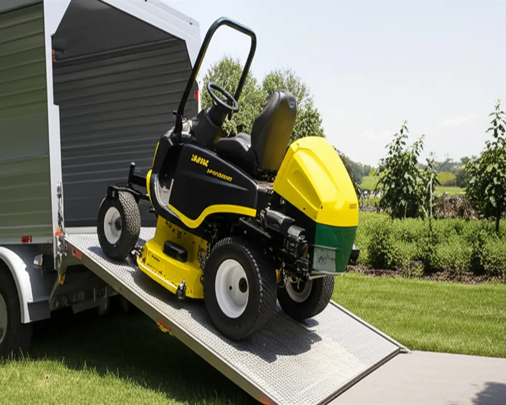 Compact stand-on mower being loaded into a trailer illustrating transportability