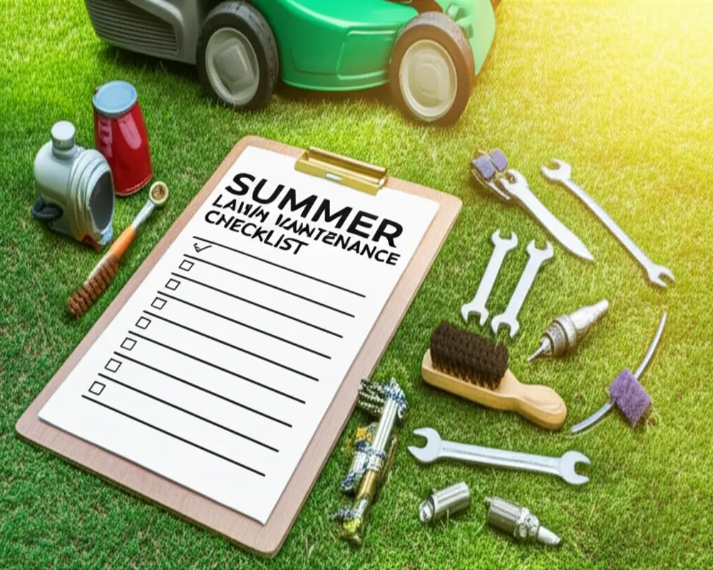 Summer lawn mower maintenance checklist with tools and lawn mower