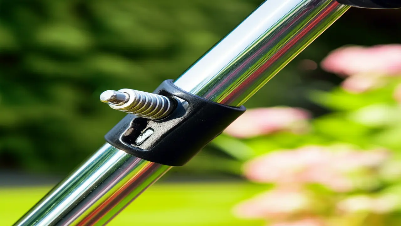 Close-up of telescoping adjustable handle on a hand cultivator showing locking mechanism