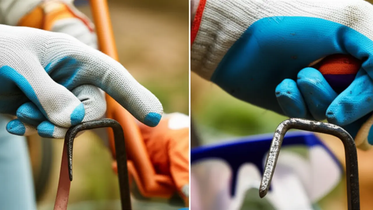 Step-by-step illustration of straightening a bent hand cultivator tine safely.