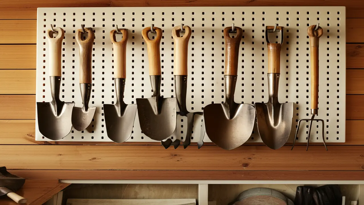 Properly stored hand cultivators hanging on pegboard in a dry, ventilated area for winter