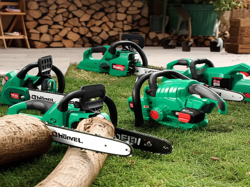 A selection of high-performance cordless chainsaws displayed against a garden backdrop, ready for various yard work tasks.