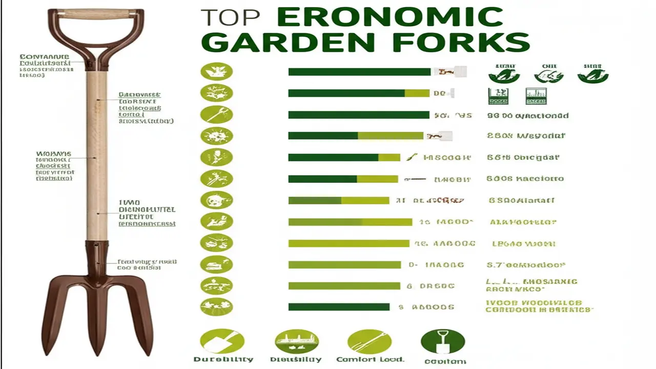 Top Ergonomic Garden Forks Comparison Comparison chart infographic of top ergonomic garden forks with features and ratings