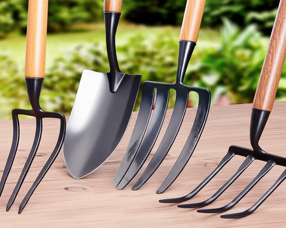 Different types of garden forks such as digging forks, border forks, compost forks, and potato forks
