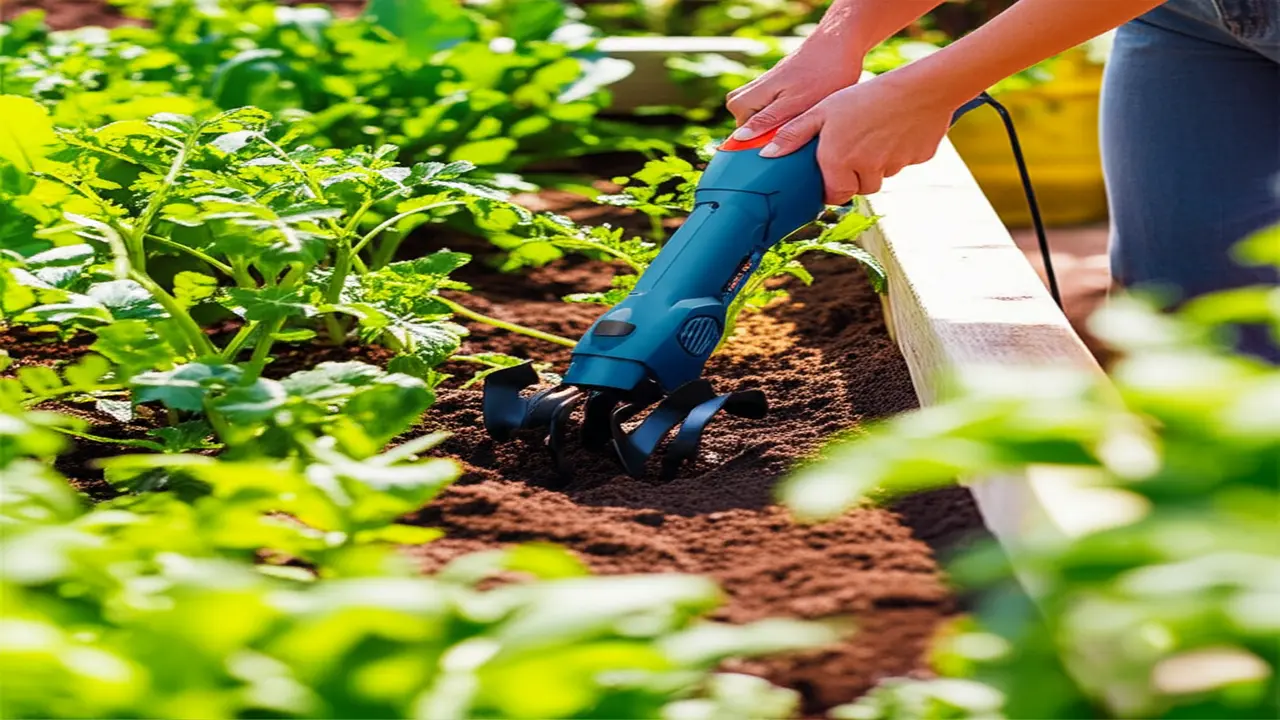 Person using electric hand cultivator in raised garden bed