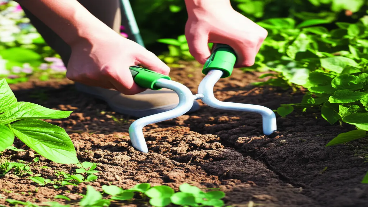 Person using a hand cultivator to loosen garden soil
