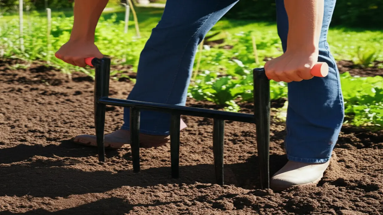Gardener using a broadfork to aerate soil highlighting ergonomic benefits