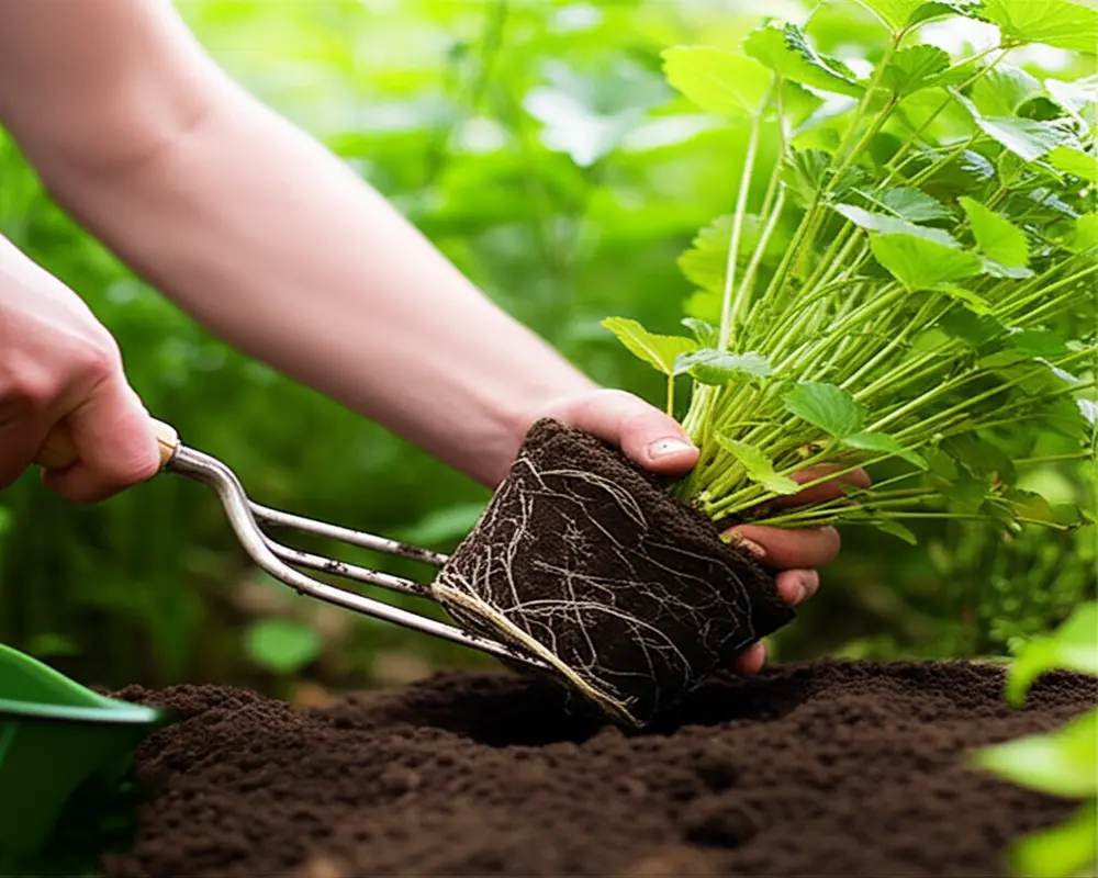 Gardener using garden fork for transplanting a delicate perennial plant