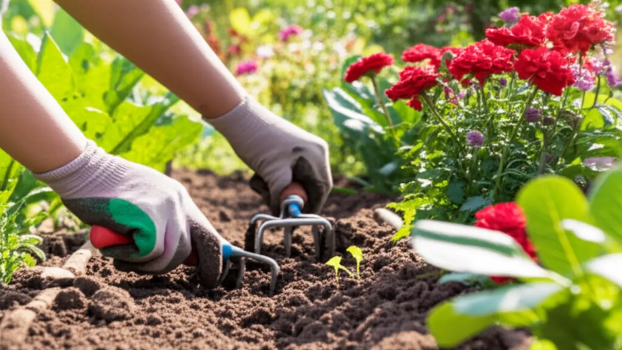 Using Hand Cultivator Effectively Gardener using a hand cultivator to aerate soil in a home garden