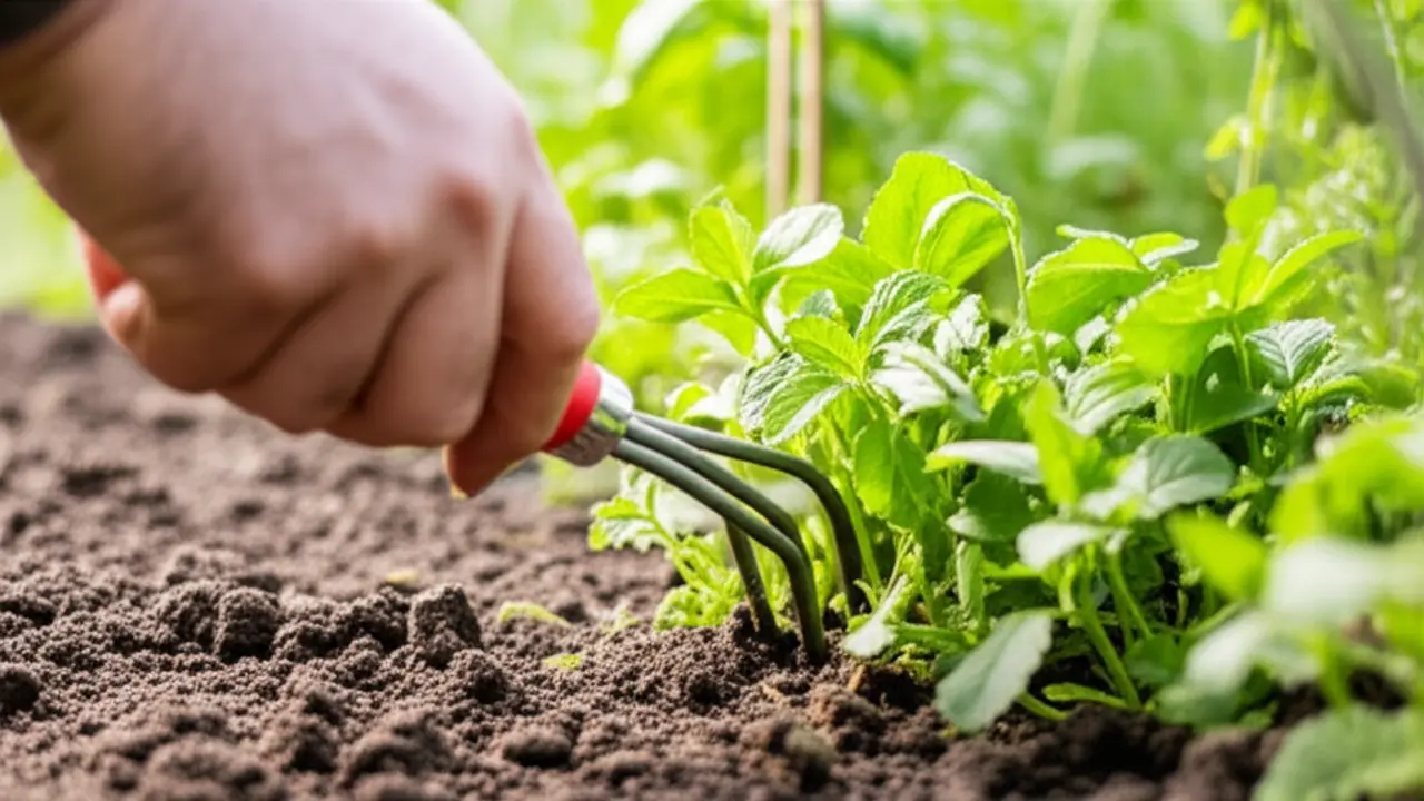 Gardener using hand cultivator in an herb garden to aerate soil and remove weeds Gardener using hand cultivator in an herb garden to aerate soil and remove weeds