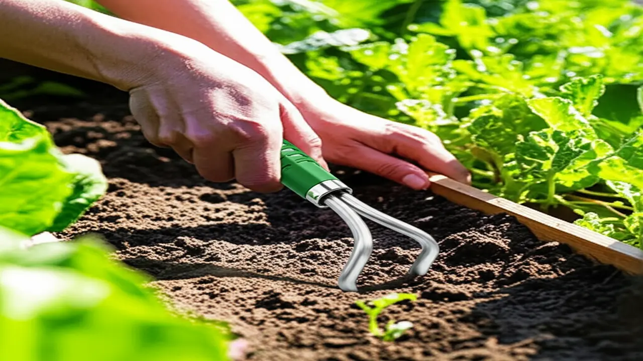 Using hand cultivator techniques in raised beds for soil aeration and weed control