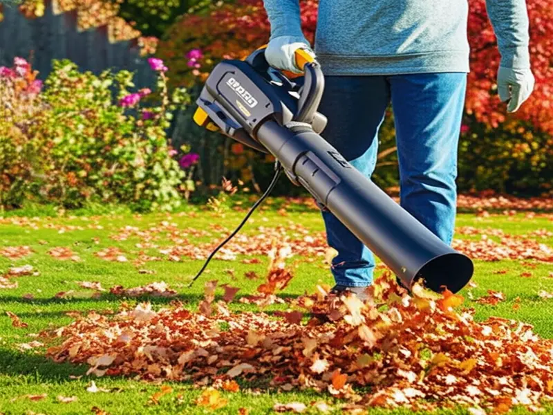 Gardener using a leaf blower vacuum mulcher efficiently in a well-maintained yard, wearing protective gear