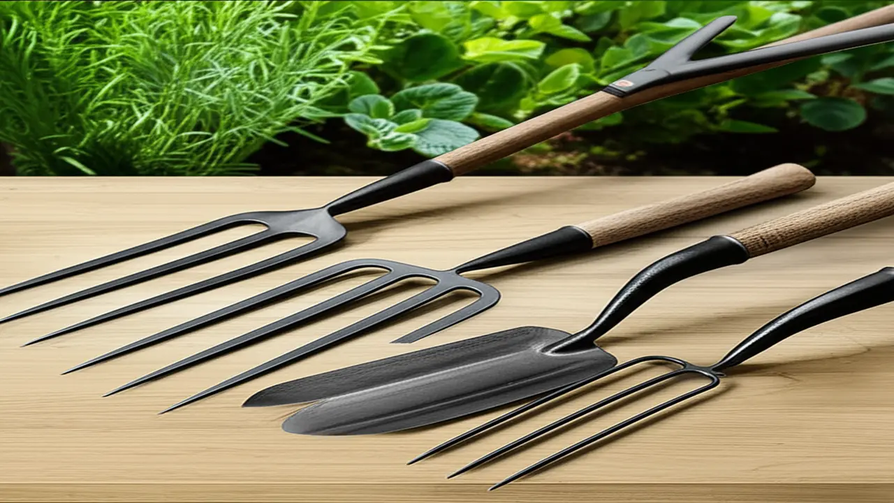 Different types of organic gardening forks including broadfork and compost fork