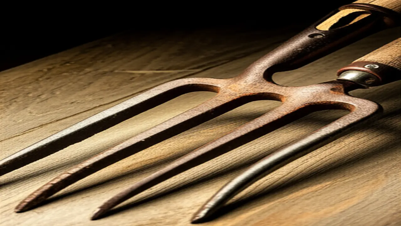 Close-up of vintage garden forks showing rust and patina on metal tines and aged wooden handles
