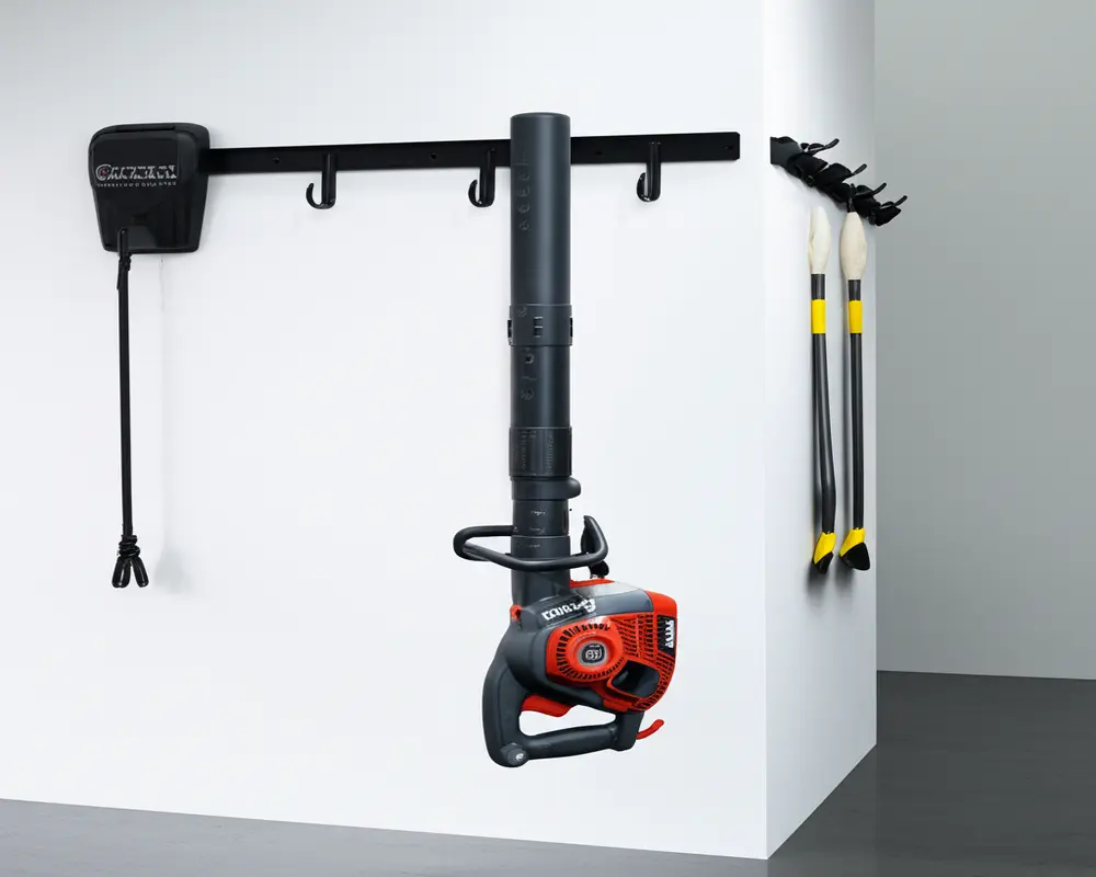 Wall-mounted hooks for indoor leaf blower storage maximizing vertical space