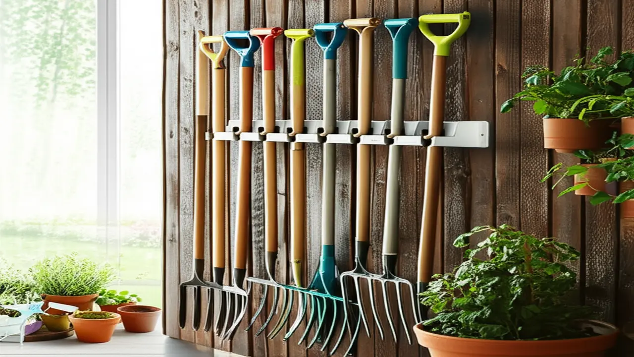 Garden fork storage on a wall-mounted tool rack showcasing organized long-handled tools