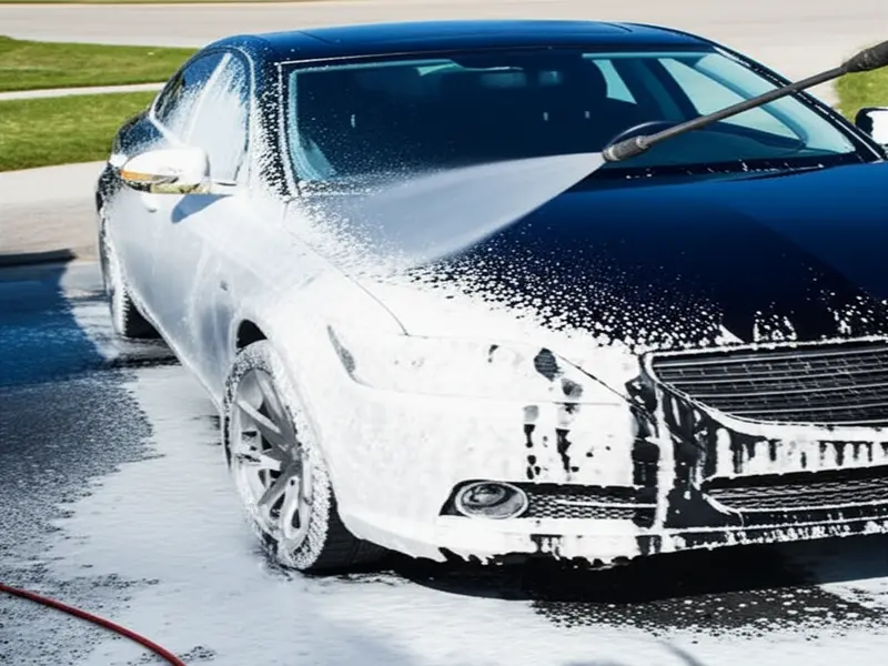 Electric pressure washer and foam cannon working in tandem to clean a vehicle