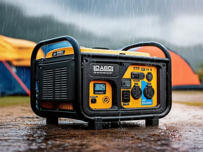 Waterproof Portable Generators: Powering Your Adventures, Rain or Shine A modern waterproof portable generator operating reliably in a light rain shower, contrasted with an older model struggling with water ingress.