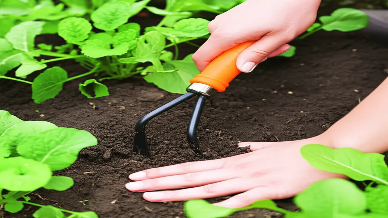 Close-up of hand cultivator pulling weeds from soil