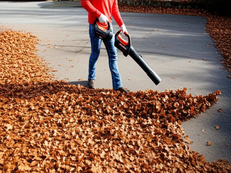 A person cleaning the impeller of a leaf blower, highlighting wet leaves stuck inside.