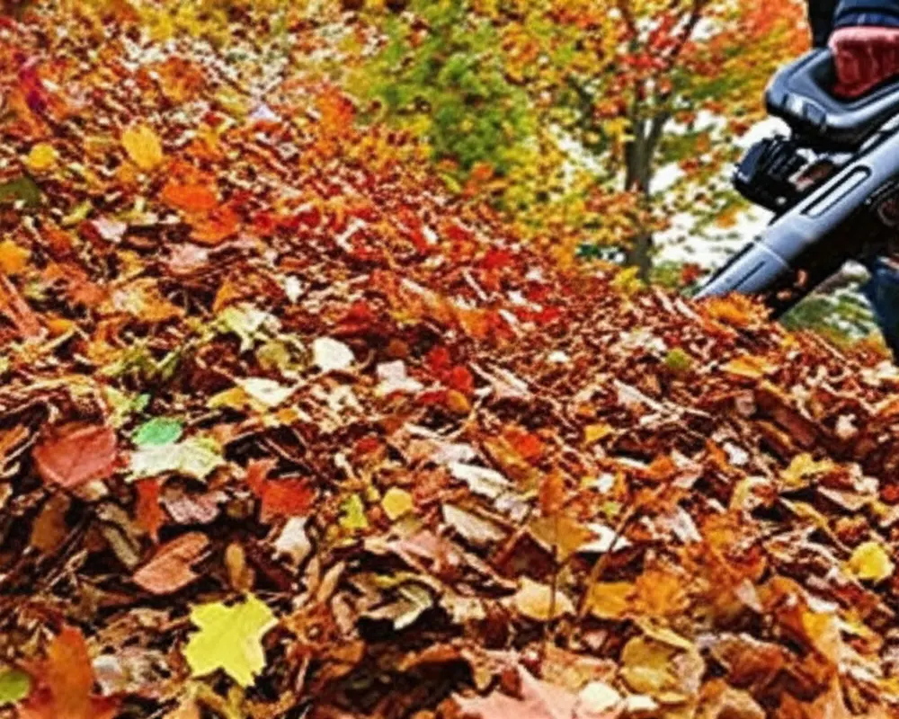 High power leaf blower tackling heavy wet leaves