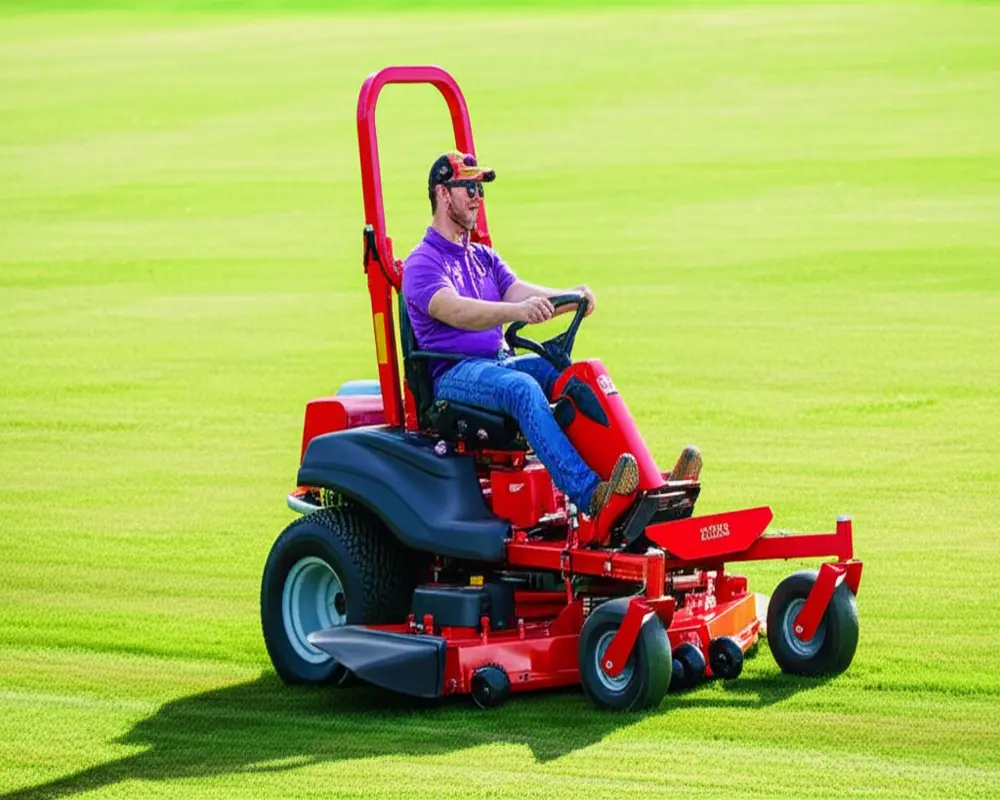 Operator comfort and safety in wide area mowers Operator sitting comfortably on a wide area mower with ergonomic design
