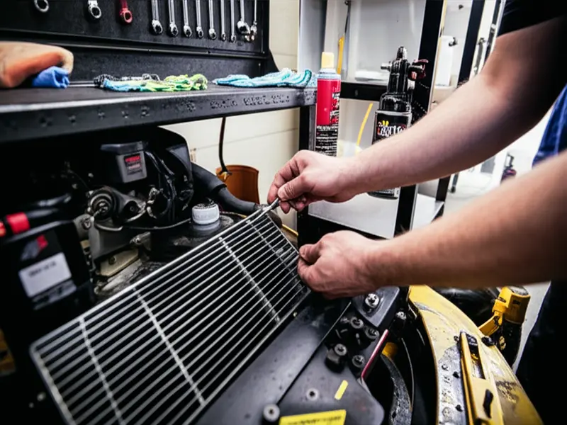 A detailed close-up of a zero-turn lawn mower engine bay, highlighting various components like the air filter, spark plug wire, and oil dipstick, surrounded by tools like wrenches and a grease gun, symbolizing active maintenance.
