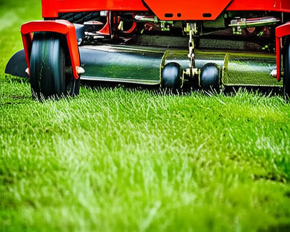 Close-up of zero turn mower cutting deck showing even cut quality