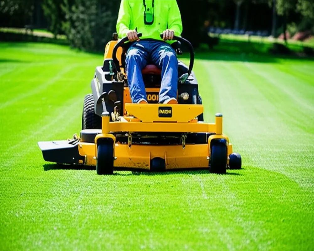 Zero-Turn Commercial Lawn Mower in Action Professional landscaping with a zero-turn commercial lawn mower ensuring efficient maneuverability and high productivity