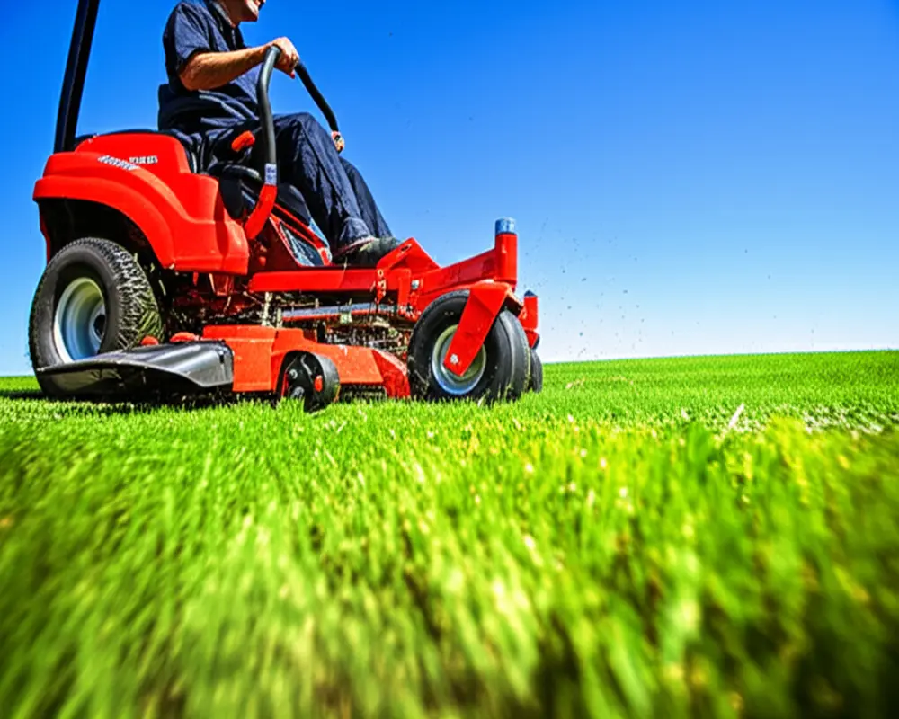 Zero turn mower demonstrating high speed on a large lawn